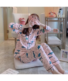 Long sleeve women's pure cotton pajamas for spring and autumn cartoon cute loose two piece sleepwear set