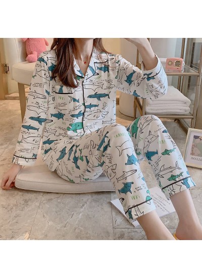 Long sleeve women's pure cotton pajamas for spring and autumn cartoon cute loose two piece sleepwear set