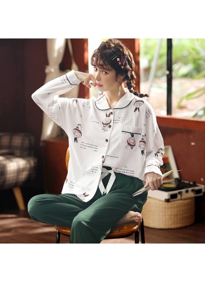 Combed cotton women's pajamas sweet cardigan Pajama sets for autumn and winter 
