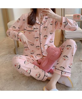 long sleeve cotton pajamas women's cartoon sleepwe...