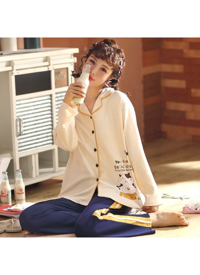 Leisure combed cotton long sleeve cardigan Pajama set sweet women's sleepwear