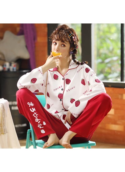 Combed cotton women's sleepwear set comfortable home pajamas in autumn and winter