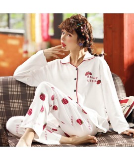 Cotton printed pajamas women's cardigan long sleev...