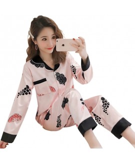 Long sleeve pajamas women ice silk lovely sweet large loose home sleepwear