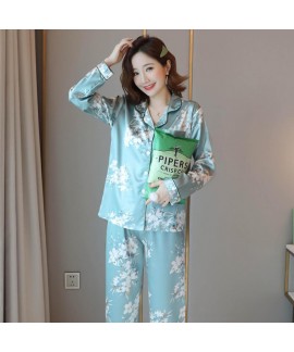 Spring and autumn loose and thin imitation silk cardigan home clothes two piece suit