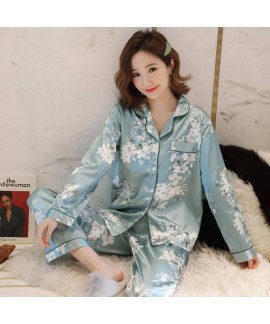 Spring and autumn loose and thin imitation silk cardigan home clothes two piece suit
