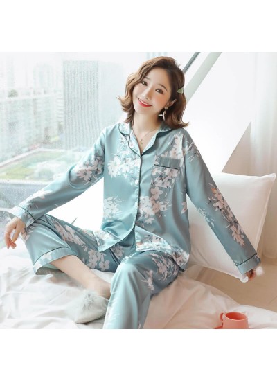 Spring and autumn loose and thin imitation silk cardigan home clothes two piece suit