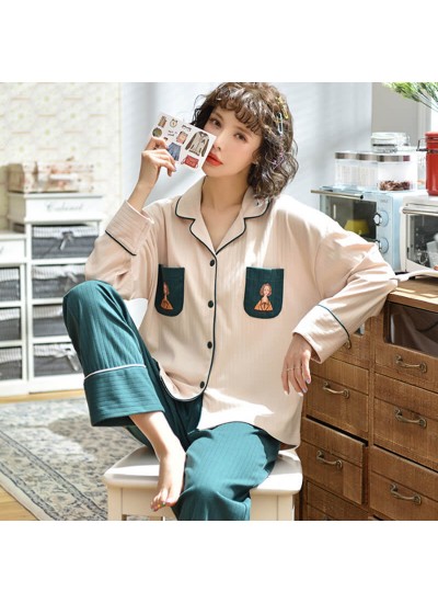 Winter new long sleeved women's pajamas cotton cardigan sleepwear set