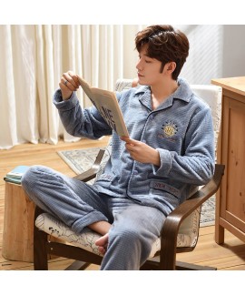 Flannel Mens pajamas long sleeve Lapel cardigan thickened warm coral velvet two piece set