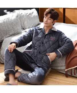 Mens three-layer sleepwear two pieces set thick cotton pajamas