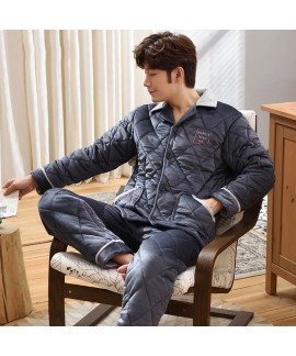 Mens three-layer sleepwear two pieces set thick cotton pajamas