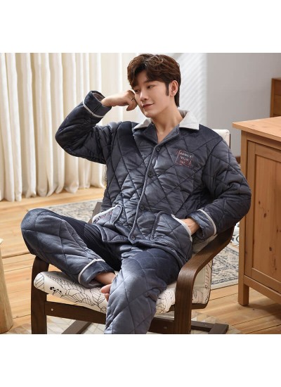 Mens three-layer sleepwear two pieces set thick cotton pajamas