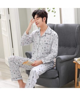 mens cardigan long sleeve Nightgown printed cotton pajamas for men