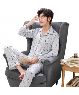 mens cardigan long sleeve Nightgown printed cotton pajamas for men