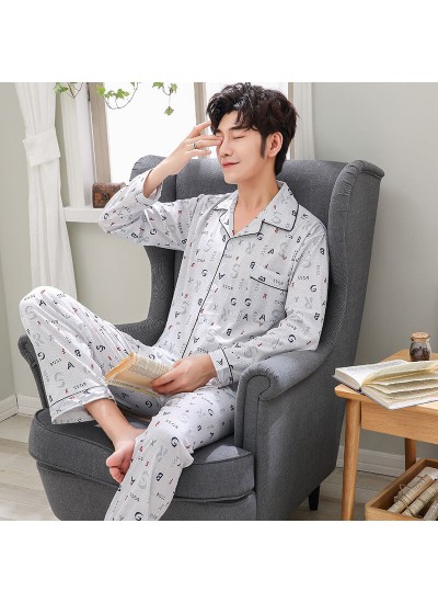 mens cardigan long sleeve Nightgown printed cotton pajamas for men