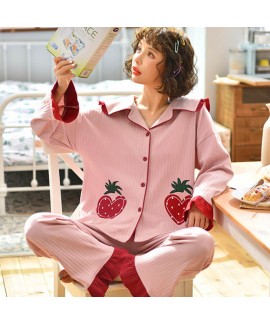 pure cotton new pajamas women's winter Lapel sweet stripe cardigan women's sleepwear