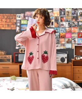 pure cotton new pajamas women's winter Lapel sweet stripe cardigan women's sleepwear