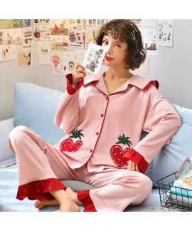 pure cotton new pajamas women's winter Lapel sweet stripe cardigan women's sleepwear