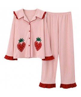 pure cotton new pajamas women's winter Lapel sweet stripe cardigan women's sleepwear