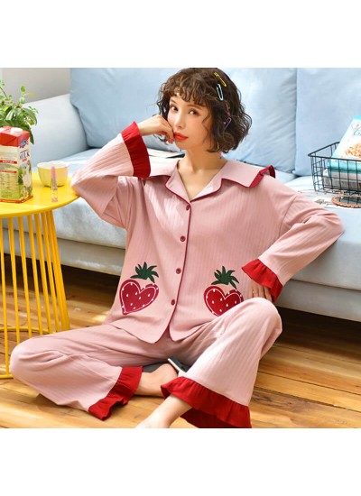 pure cotton new pajamas women's winter Lapel sweet stripe cardigan women's sleepwear