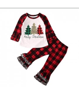 New Christmas plaid print Merry Christmas girls' leopard print children set