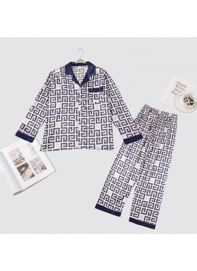 Long sleeve printing pants ice silk sleepwear sets