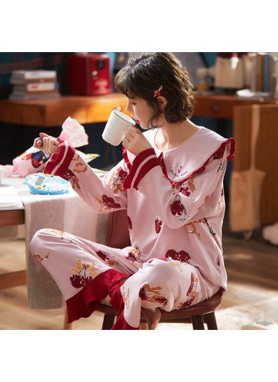 Combed cotton Princess wind large lapel women's home sleepwear set