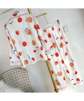 Ice silk Sleepwear two piece cardigan fruit pattern pajamas