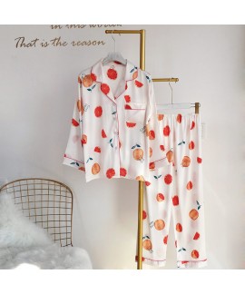 Ice silk Sleepwear two piece cardigan fruit pattern pajamas