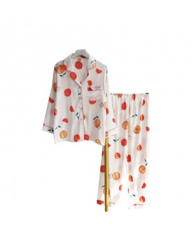 Ice silk Sleepwear two piece cardigan fruit pattern pajamas