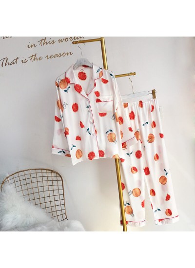 Ice silk Sleepwear two piece cardigan fruit pattern pajamas