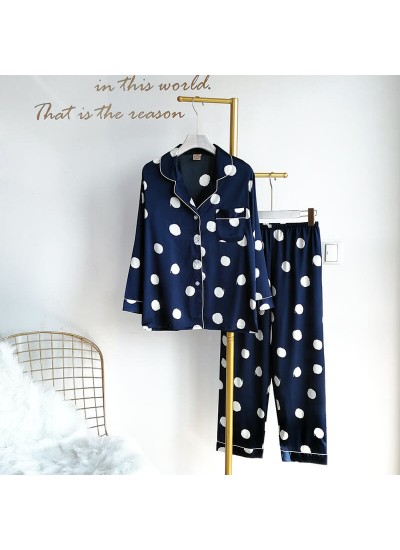 Women's Lapel Satin pajamas for summer breathable ice silk sleepwear comfortable two piece pajama set
