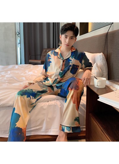 long sleeve Pajamas sets men's ice silk cartoon leisure sleepwear