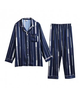 plus size Ice silk sleepwear long sleeve simulation silk pajama sets for men