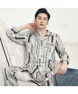 plus size Ice silk sleepwear long sleeve simulation silk pajama sets for men