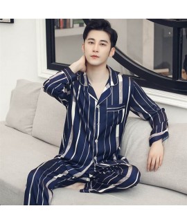 plus size Ice silk sleepwear long sleeve simulation silk pajama sets for men