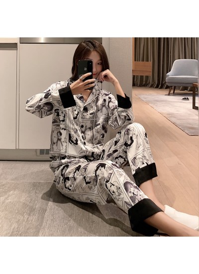 Long sleeve pajama set sweet and lovely student ice silk cartoon sleepwear