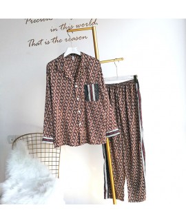 Imitation silk pajamas two piece Satin sleepwear Chiffon Long sleeve pajamas set female