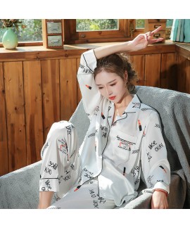 Letter ice silk Pajama set women's Lapel leisure sleepwear set