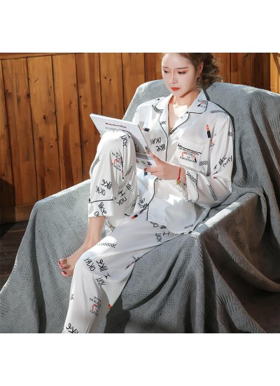 Letter ice silk Pajama set women's Lapel leisure sleepwear set