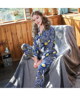 women's spring silk like fashion long sleeve ice silk two piece sleepwear set
