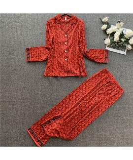 Women's imitation silk pajamas Lapel leisure silk ...