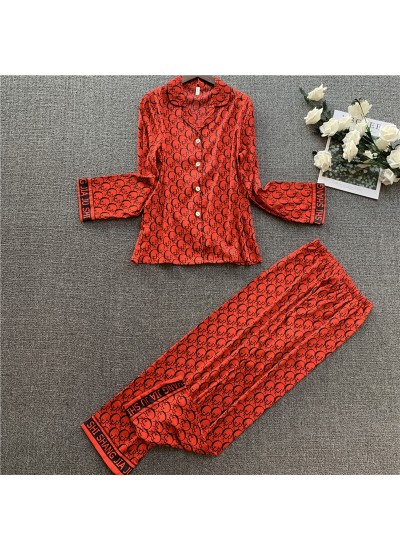 Women's imitation silk pajamas Lapel leisure silk sleepwear long sleeve two-piece pajama set