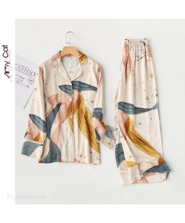 2020 romantic star Satin print lapel Pajama sets leisure sleepwear