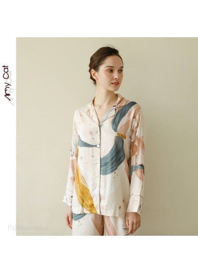 2020 romantic star Satin print lapel Pajama sets leisure sleepwear