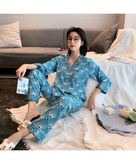 Spring and summer long sleeve silk like Pajama suit ins sexy printed ice silk sleepwear