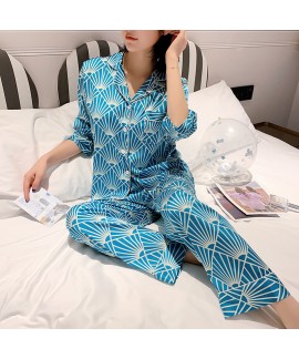 Spring and summer long sleeve silk like Pajama suit ins sexy printed ice silk sleepwear