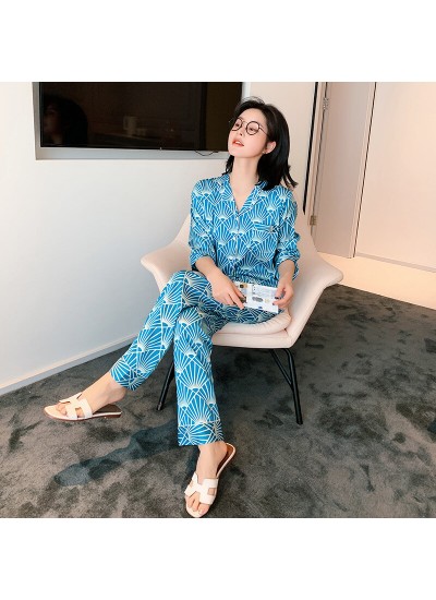 Spring and summer long sleeve silk like Pajama suit ins sexy printed ice silk sleepwear