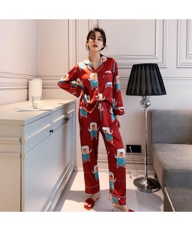 Long sleeves sleepwear suit imitating silk Sweet cartoon pajama sets for summer