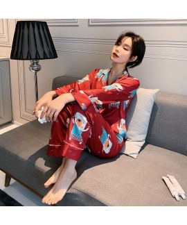 Long sleeves sleepwear suit imitating silk Sweet cartoon pajama sets for summer